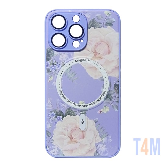 Capa Magnética com Desenho de Flores para Apple iPhone 14 Pro Max Roxo